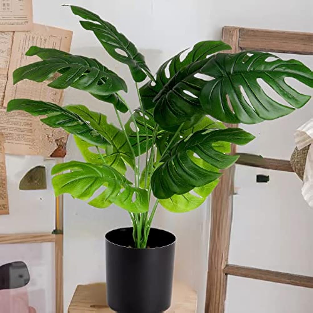 Hacaroa Large Artificial Plants Indoors Monstera Deliciosa Plant with 12 Leaves 23.5"/60cm Tall Faux Tropical Tree Leaves in Black Pot Artificial Plants Indoors in Pots for Home Office Decoration