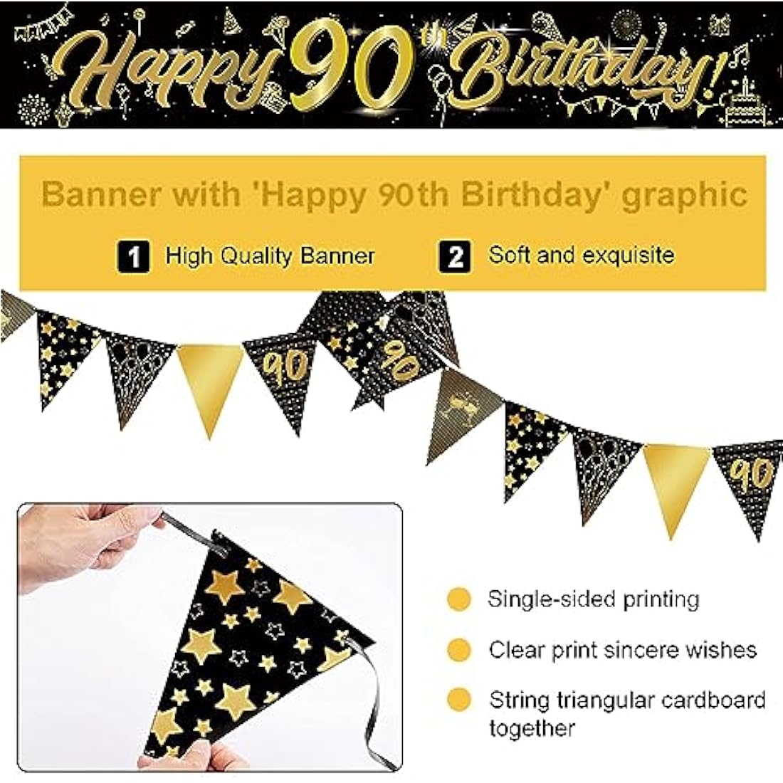 14 Pieces 90th Happy Birthday Decorations Kit, Birthday Party Decoration Including Party Supplies Birthday Straps 9ft Banner Triangle Flags Confetti Latex Balloons
