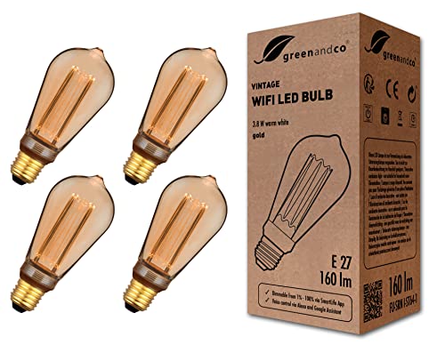 greenandco 4X Smart WiFi Vintage Design LED Bulb | E27 ST64 | 3.8W 160lm | 1800K | 320 | 230V | Flicker-Free | dimmable | Compatible with Alexa and