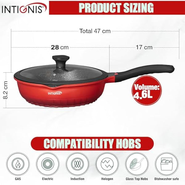 INTIGNIS Deep Non-Stick Frying Pan with Lid – 3-in-1 Sauté Pan, Skillet & Mini Wok – GREBLON Ceramic Coating | Induction Hob Safe | Stainless Steel Base |PTFE & PFOA Free (Red, 28 cm)