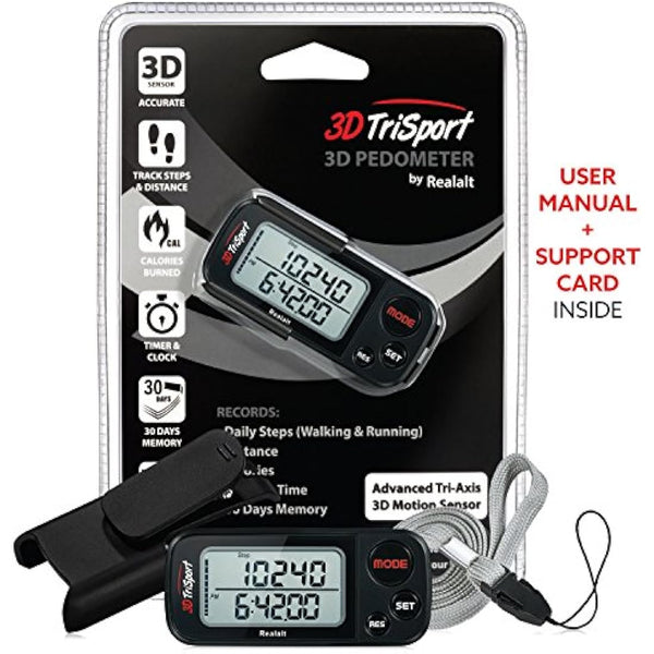 3DTriSport Walking 3D Pedometer with Clip & Strap, eBook Included | 30 Days Memory, Accurate Step Counter, Walking Distance Miles/Km, Calorie Counter, Daily Exercise Time Monitor