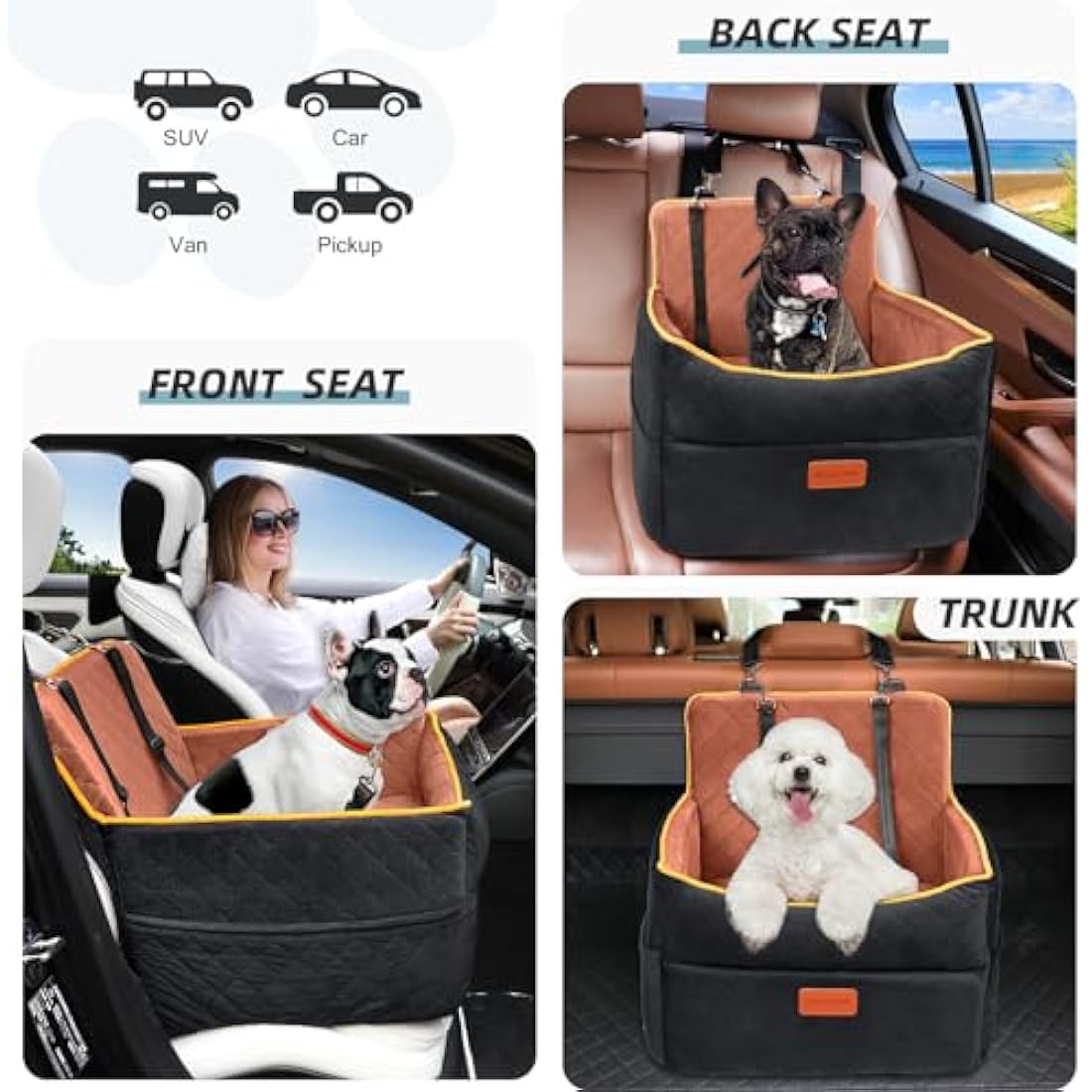 HEGGCOOE Small Dog Car Seat, Memory Foam Dog Booster Seats with Thick Cushion for Medium Dogs Under 35lbs, Detachable Washable Pet Car Seat with Storage Pockets,2 Safety Belts-Black/Z