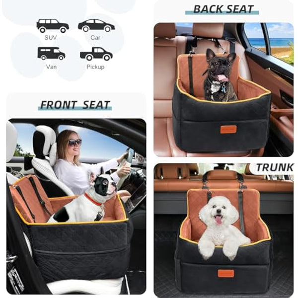 HEGGCOOE Small Dog Car Seat, Memory Foam Dog Booster Seats with Thick Cushion for Medium Dogs Under 35lbs, Detachable Washable Pet Car Seat with Storage Pockets,2 Safety Belts-Black/Z