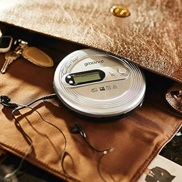groov e RETRO Radio CD Player - Personal FM Radio with CD-R, CD-RW, & MP3 Music Playback - Anti-Skip Protection, Programmable Tracks - Earphones Included - Micro-USB or Battery Powered - Silver