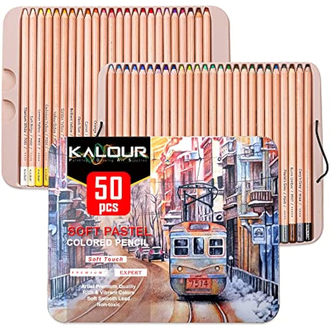 KALOUR Pro Pastel Chalk Colored Pencils,Set of 50 Colors,Color Charcoal Pencils for Drawing Sketching Coloring Shading,Art Supplies for Adults Artists