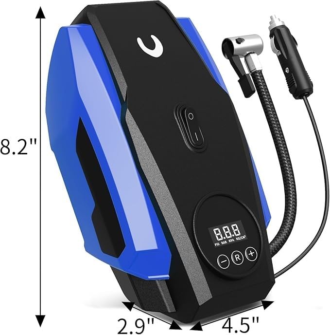 Powools Tyre Inflator Portable Air Compressor - Air Pump for Car Tyres - 12V DC Compact Tyre Pump with Auto Shutoff Function - Multipurpose Car Accessory with LED Light, Yellow, Medium