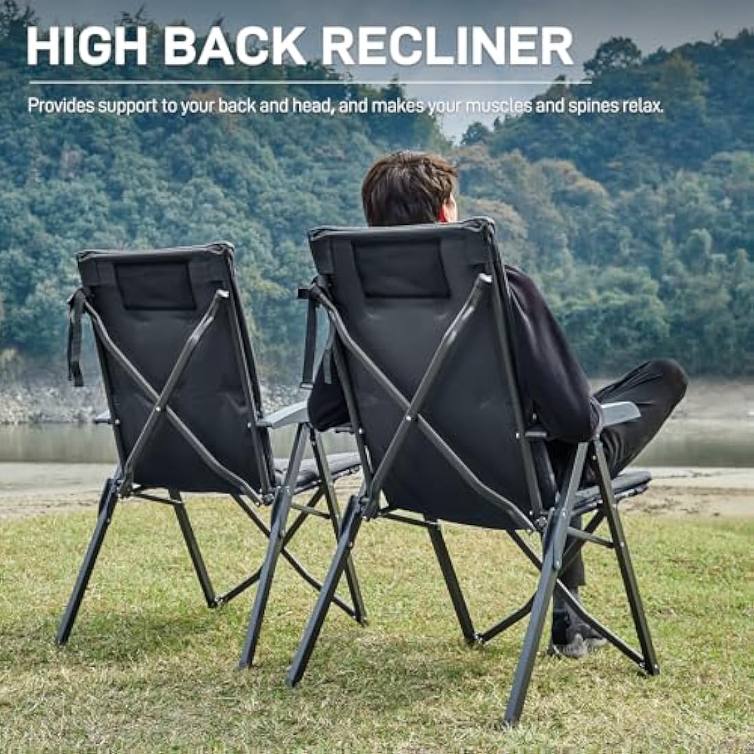 EVER ADVANCED Luxury Camping Chairs 2 Set for Adults Heavy Duty High Back Oversized Folding Garden Chair Comfy Padded 6cm Loadable 150kg Cam Adjustable Dining Chairs 4-Position Recliner Chair Black