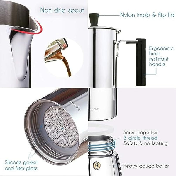 Easyworkz Pedro Stovetop Espresso Maker 6Cup 300ml Stainless Steel Italian Coffee Machine Maker Induction Moka Pot