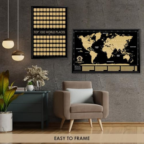 2 in 1 Large Gift Set - Scratch off World Map and Poster Scratch off Top 100 Places to Visit in the World - Best Places I`ve Been Map - Globetrotter Poster of Places Where You've Been - Bundle of Two
