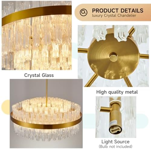 KUNYEEE Gold Crystal Chandeliers Flush Mount Crystal Ceiling Light Fixture Round Chandeliers Pendant Light for Living Room Kitchen Island Dining Table Hallway, G9 x 12 Lights 60cm