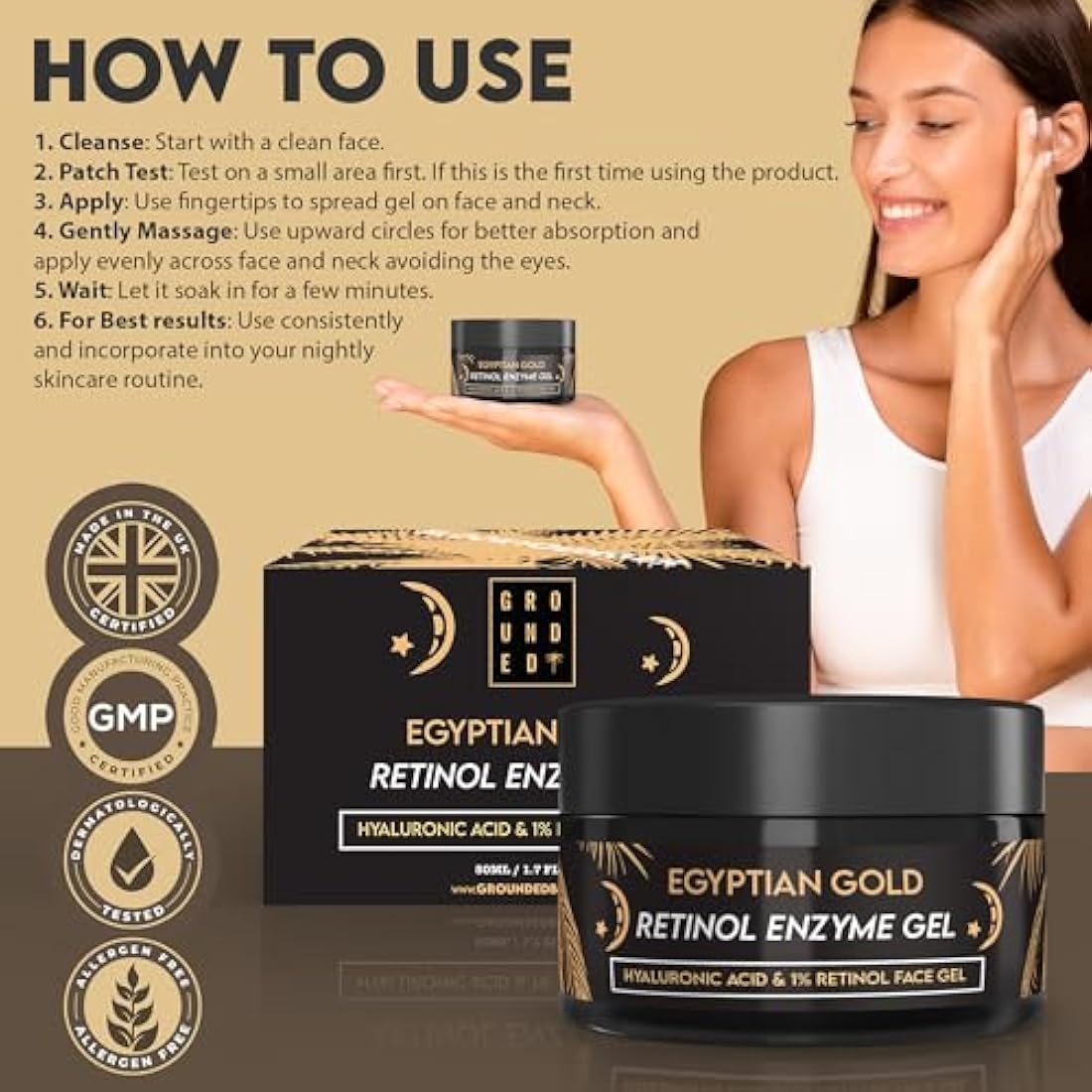 Retinol, Hyaluronic Acid, Aloe Vera & Marine Collagen Enzyme Face Gel. Target Fine Lines & Wrinkles, Made in the UK by Grounded Body