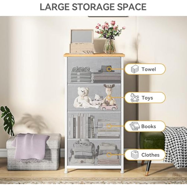 DWVO Chest of Drawers, 4 Fabric Drawers Bedroom Cabinet,Dresser for Bedroom,Living Room With Handles,Wood Top and Sturdy Steel Frame,Light Grey
