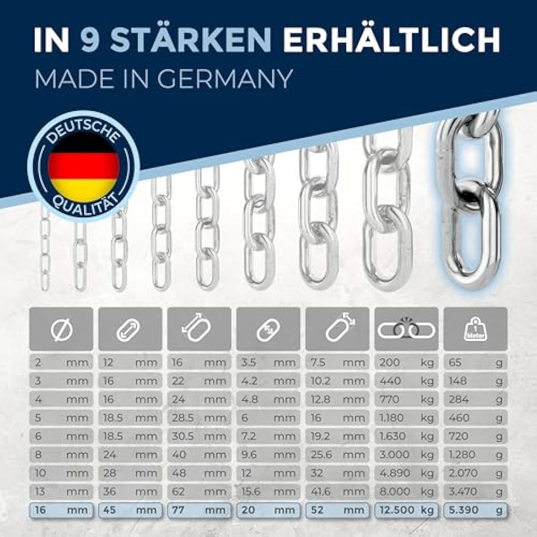 150 cm = 1.5 m 16 mm thick anchor chain, sold by the metre, V4A metal chain, short links in one piece, swing chains, A4, DIN 56856, iron chain, DIN 766, rustproof barrier chain, stainless steel, 1.5 m