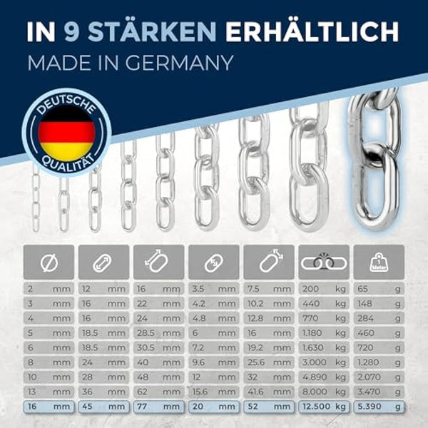 150 cm = 1.5 m 16 mm thick anchor chain, sold by the metre, V4A metal chain, short links in one piece, swing chains, A4, DIN 56856, iron chain, DIN 766, rustproof barrier chain, stainless steel, 1.5 m