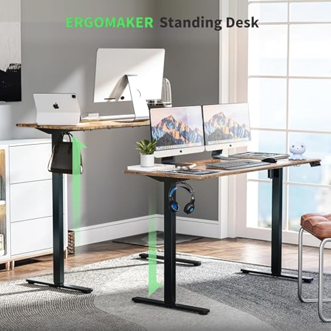 ERGOMAKER Electric Standing Desk 140x60cm (55.1"x23.6"), Height Adjustable Standing Desk with Splice Board, Stand Up Desk with Hook and Memory Smart Handset(Black Frame + Rustic Brown Desktop)