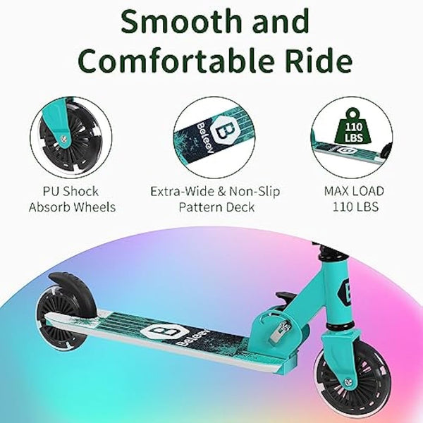 BELEEV V2 Scooters for Kids with Light-Up Wheels & Stem & Deck, 2 Wheel Folding Scooter for Girls Boys, 3 Adjustable Height, Non-Slip Pattern Deck, Lightweight Kick Scooter for Children Ages 3-12