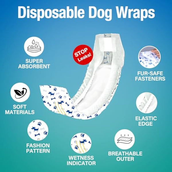 Pet Soft Dog Nappies - Super Absorbent Disposable Dog Wraps with Wetness Indicator, 50 Counts Incontinence Nappy Wraps (L-50 Count)