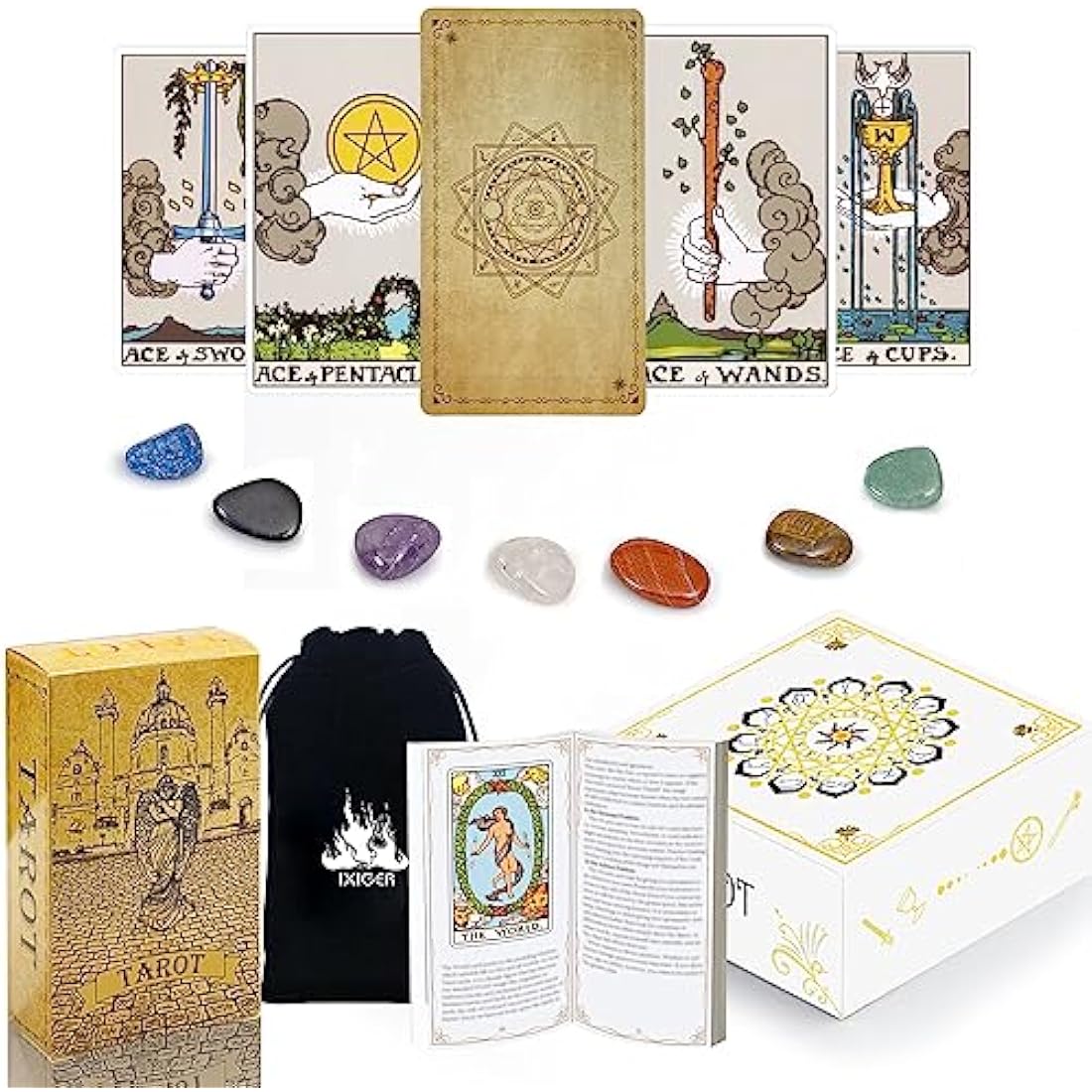 IXIGER Tarot Cards and Book for Beginners Set,Tarot Cards with 165Page Guide Book,78 Original Tarot Cards Deck for Beginners&Expert Readers,Classic Tarot Deck,Tarot Cards with Bag and Chakra Stoneag