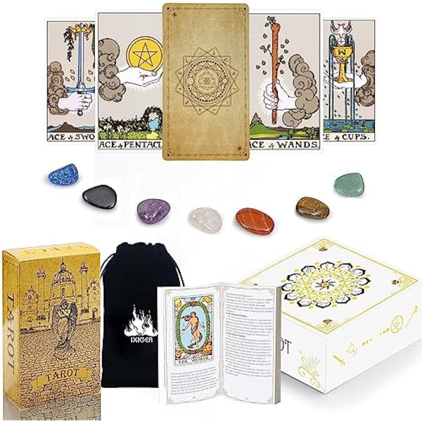 IXIGER Tarot Cards and Book for Beginners Set,Tarot Cards with 165Page Guide Book,78 Original Tarot Cards Deck for Beginners&Expert Readers,Classic Tarot Deck,Tarot Cards with Bag and Chakra Stoneag