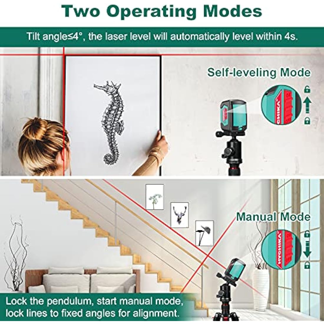 HYCHIKA Laser Level, Laser Levels Self Leveling with Double Laser Module, Laser Spirit Level with 2 Lines Horizontal/Vertical, Flexible Magnetic Base, 2 x AA Batteries Included