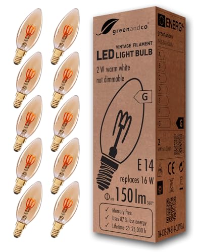 greenandco E14 C35 LED Vintage Filament Bulb 2W Replaces 16W 150lm 2000K Extra Warm White 360 230V, no Flicker, not dimmable, 10-Pack