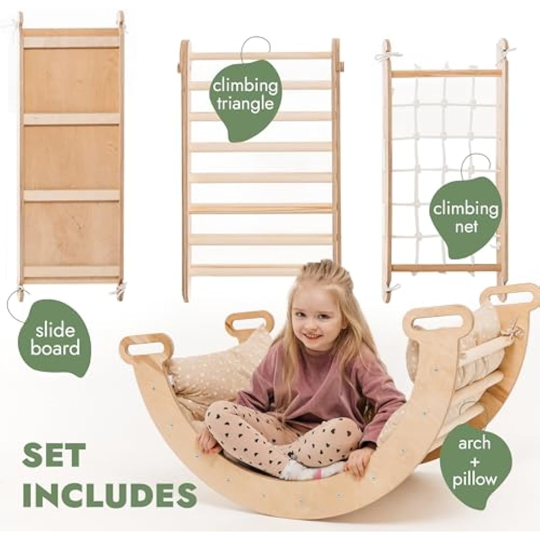 5-in-1 Indoor Climbing Frame for Toddlers - Wooden Triangle, Arch & Climbing Ramp & Net & Cushion, Montessori Climbing Frame, Kids Wooden Gym, Foldable Climbing Toys for Kids 1-5 Age