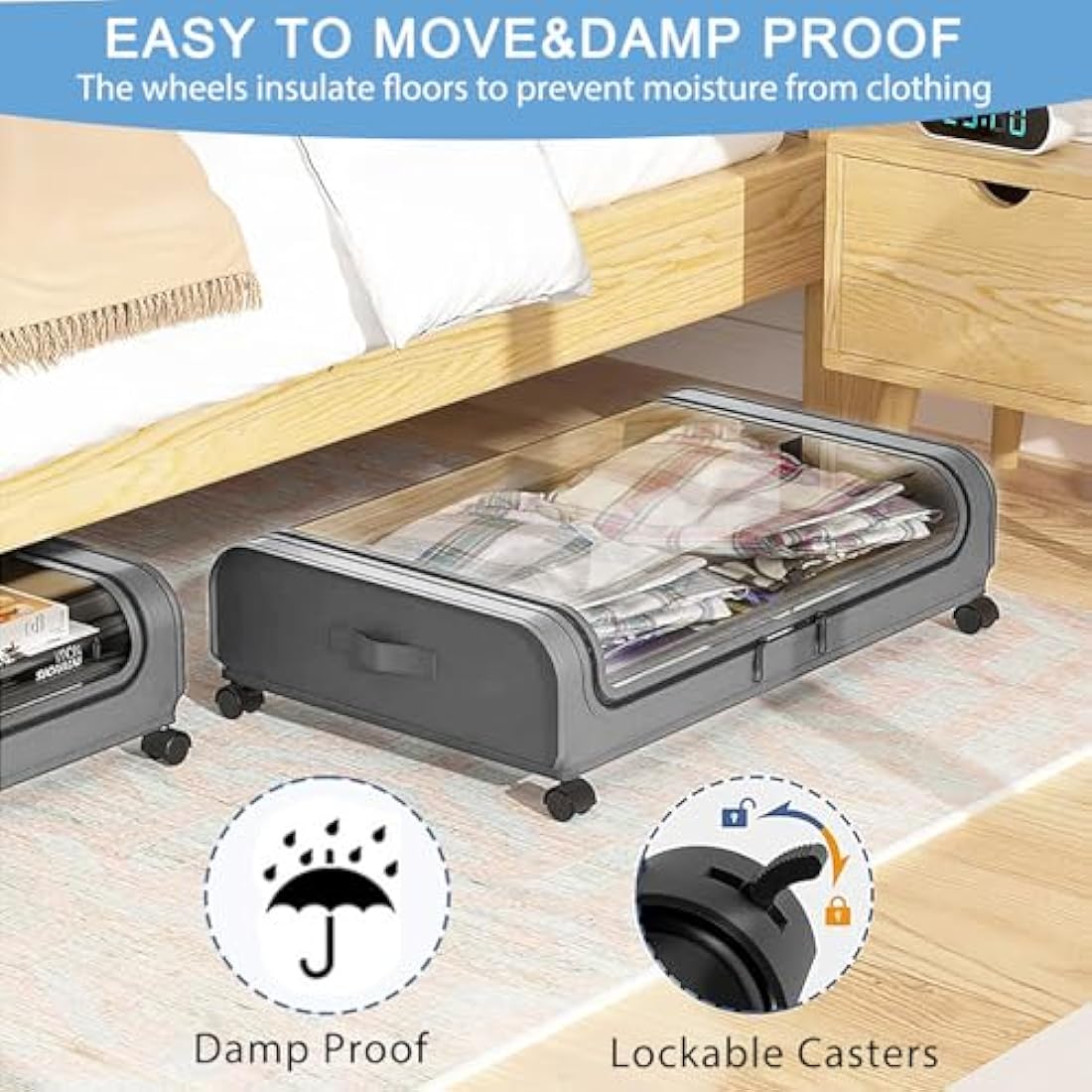 2 Pack Under Bed Storage with Wheels Lid 48L Rolling Metal Frame Underbed Containers Clear Window Storage Bag Box Organization Home Bedroom Organizer Drawer Bin for Clothes Shoes Toys Blankets Grey
