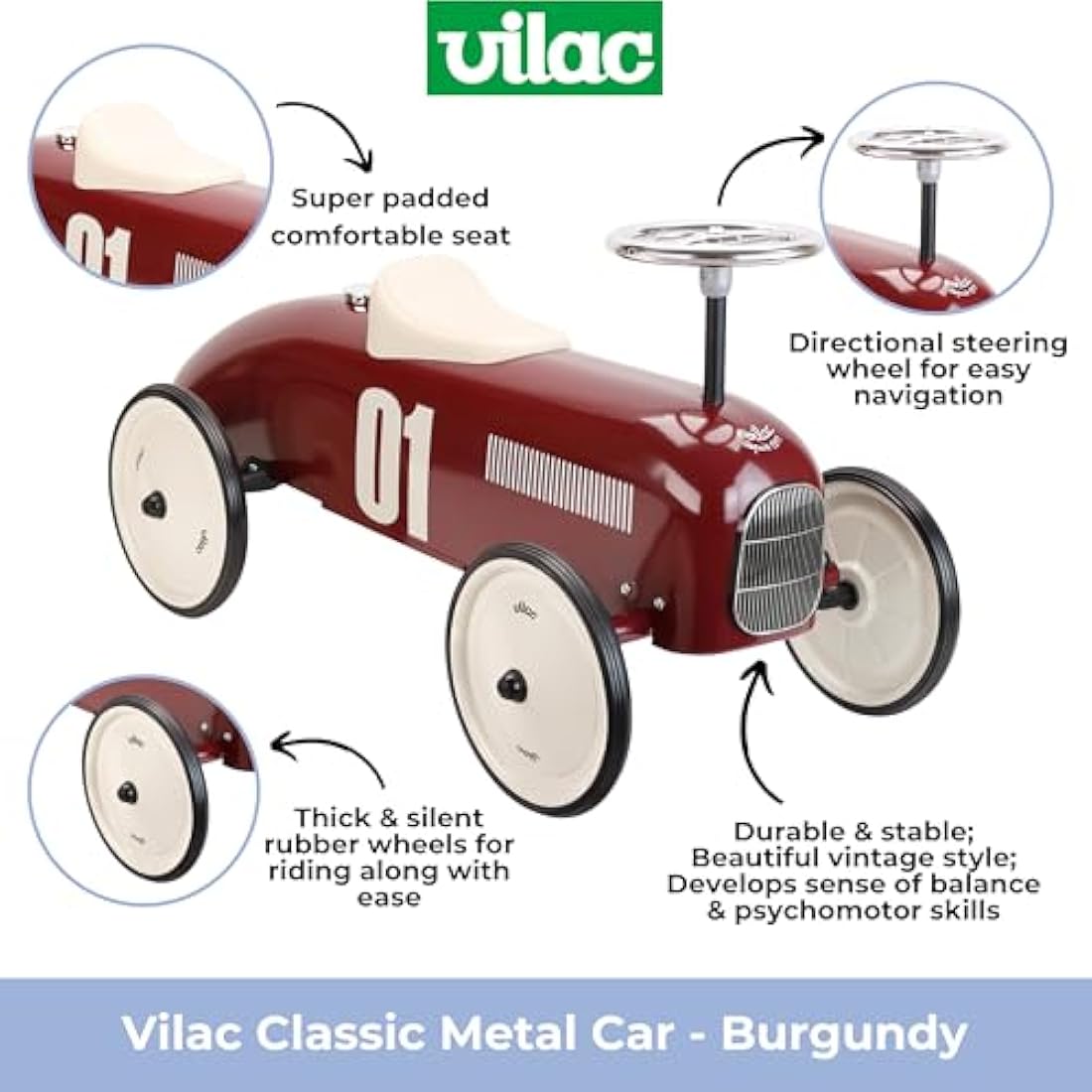 Vilac Vintage Ride-On Car, Durable Metal Body, Large Stable QuietRubber Wheels, Develops Psychomotor, Balance, Coordination, For 1.5 to 3 Years Kids under 20 kgs, 76 x 40 x 38 cm, Burgundy