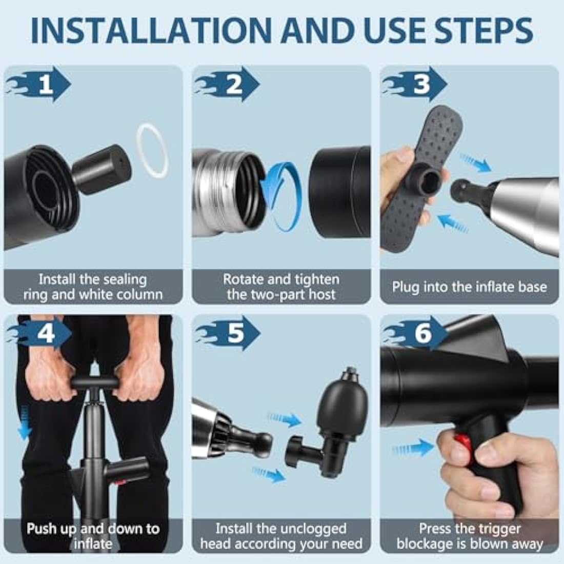 inShareplus Toilet Plunger, Black Toilet Unblocker Heavy Duty, High Pressure Plunger Kit with 4 Replaceable Heads and 1 Gloves Plunger Sink Unblocker for Unblocking Toilets, Sink, Bathtub, Floor