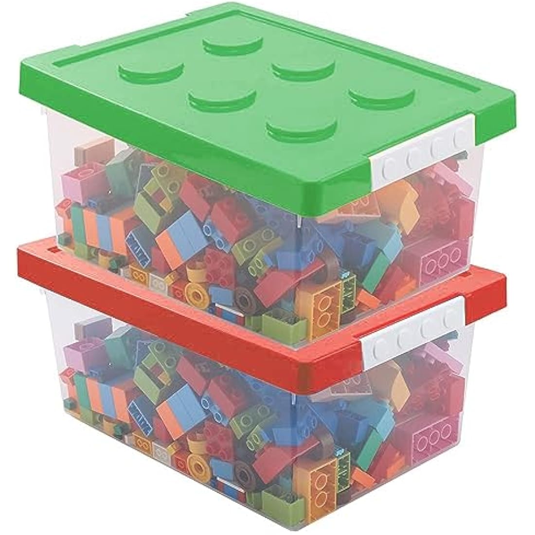 Greentainer Toy Storage Organizer Bins with Lid - Stackable Plastic Organizer Box Set of 2, Kids Toy Chests with Compatible Building Baseplate and Lid, Storage Container for Building Bricks & Toys,Red