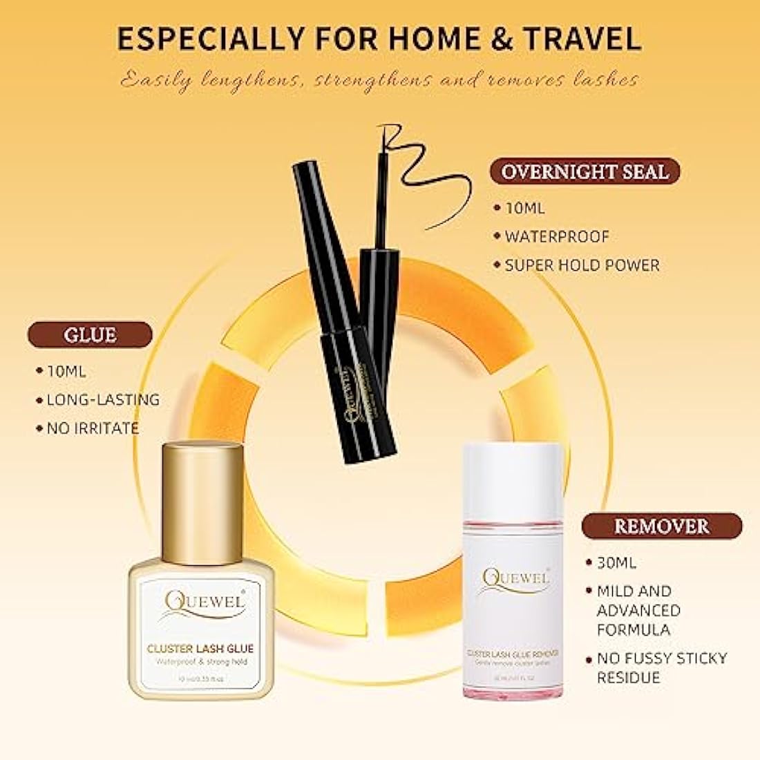 Individual Lashes 480 Cluster Lashes QUEWEL DIY Lash Extensions Kit, Eyelashes Applicator, Lash Cluster Glue Remover, Long-lasting Lash Glue and Overnightseal for Beginner to Apply(Natural D MIX)