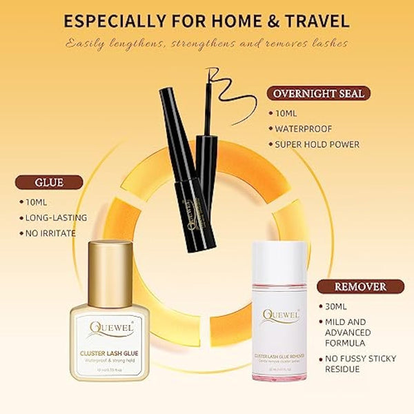 Individual Lashes 480 Cluster Lashes QUEWEL DIY Lash Extensions Kit, Eyelashes Applicator, Lash Cluster Glue Remover, Long-lasting Lash Glue and Overnightseal for Beginner to Apply(Mega D MIX)