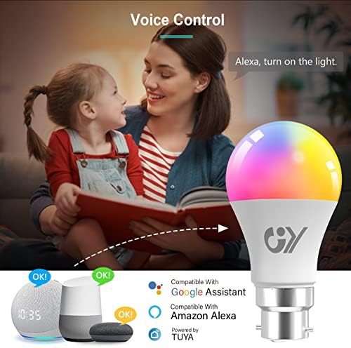 GY A60 B22 Smart Bulb Bayonet Alexa Light Bulbs, 9W 850lm 2700K-6500K RGB Dimmable Colour Changing Compatible with Alexa/Google Home 2.4GHz WLAN,6 Packs