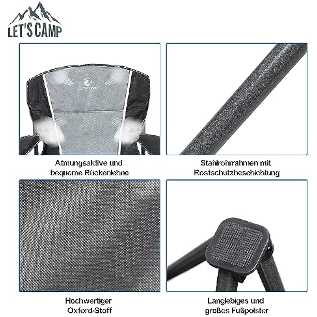 LET'S CAMP Camping Chair Foldable Fishing Chair, Heavy Duty Steel Frame Outdoor Chair with Cup Holder and Carrying Bag XL size up to 160kg