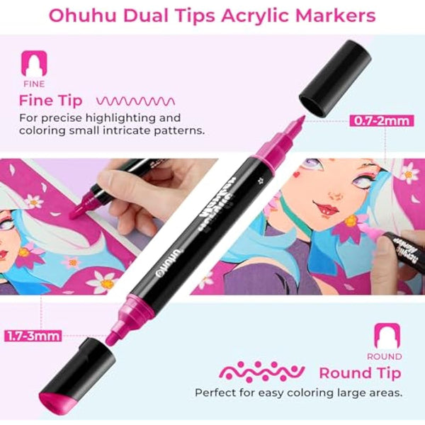 Ohuhu Acrylic Paint Pens 30 Colours, Dual Tip(3mm & 0.7mm) Acrylic Paint Markers - Waterproof Lightfast High Opacity Permanent Multimarker for stones Painting Wood Glass Ceramic Easter Eggs Pumpkin
