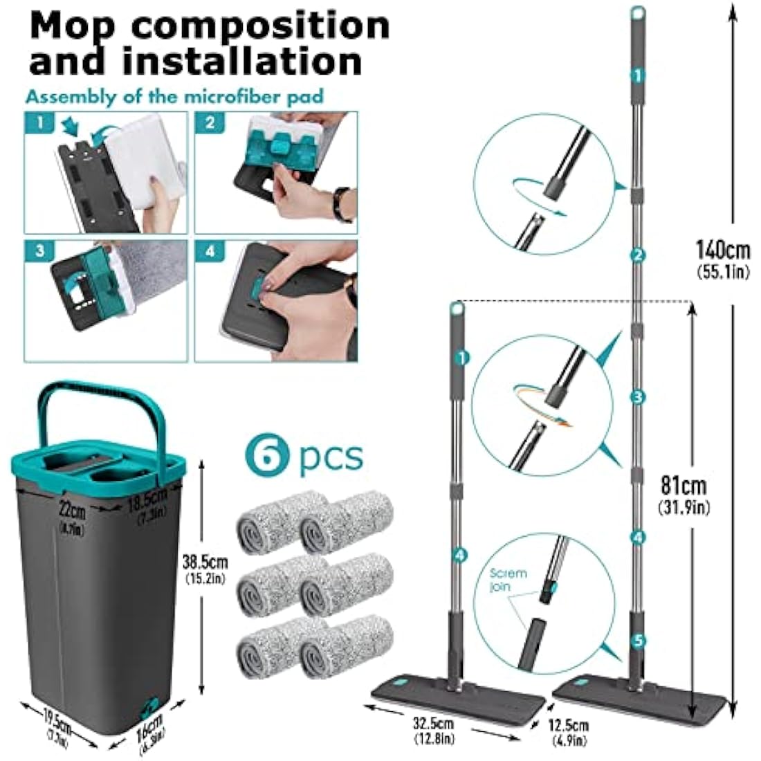 Masthome Mop and Bucket, Microfibre Mops and Buckets Sets with 140CM Stainless Steel Handle & 6pcs Washable Pads, Wet & Dry Cleaning Buckets for Cleaning Laminate Tile Hardwood Floors
