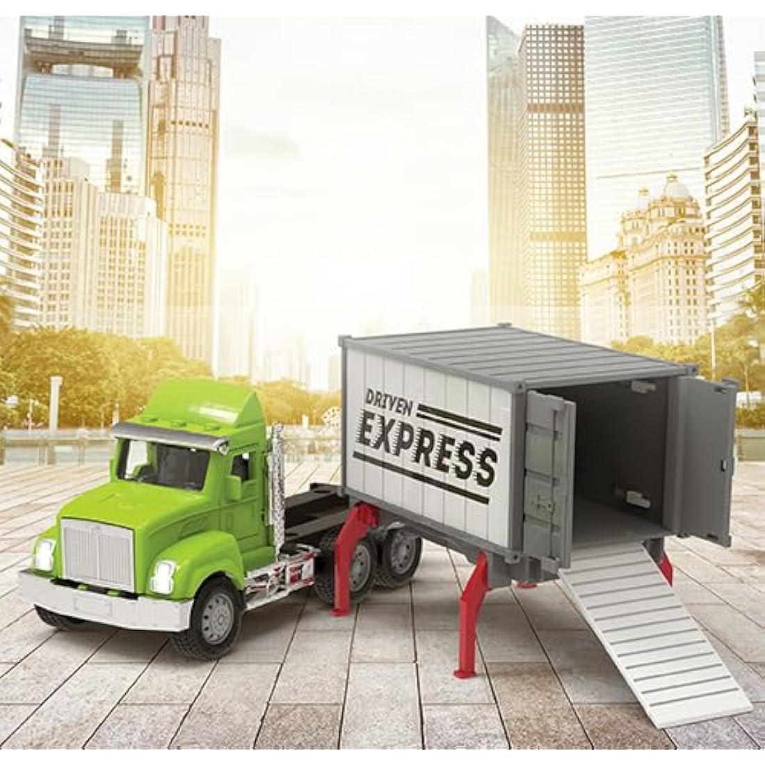 Driven by Battat – 7-Inch Container Truck Toy with Lights & Sounds, Movable Parts, Utility Vehicle for Boys & Girls, Durable Design, Realistic Details, 3+ Years Toy for Kids