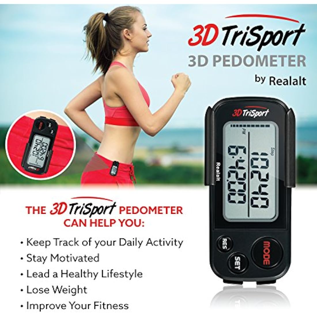 3DTriSport Walking 3D Pedometer with Clip & Strap, eBook Included | 30 Days Memory, Accurate Step Counter, Walking Distance Miles/Km, Calorie Counter, Daily Exercise Time Monitor