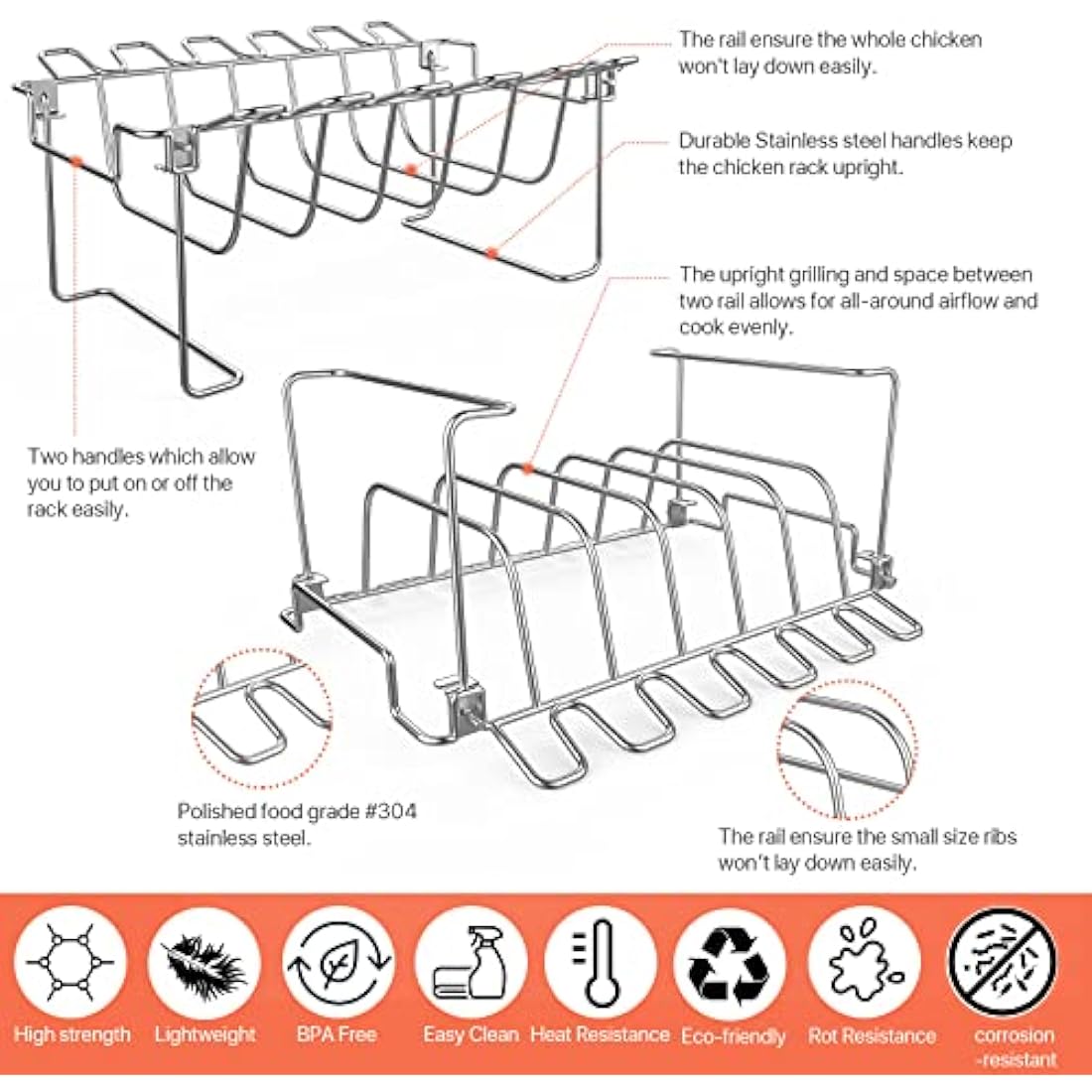 3 in 1 Extra Large Rectangle Rib Rack&Chicken Leg Rack with Brush, Stainlesss Steel Roasting Rack with 2 Handle for Smoker, Oven and Grill, Holds Up to 5 Ribs, Easy to Use&Clean
