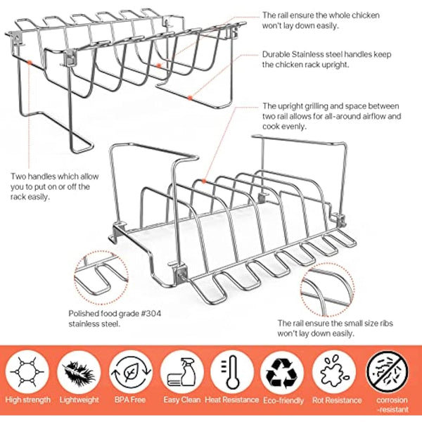 3 in 1 Extra Large Rectangle Rib Rack&Chicken Leg Rack with Brush, Stainlesss Steel Roasting Rack with 2 Handle for Smoker, Oven and Grill, Holds Up to 5 Ribs, Easy to Use&Clean