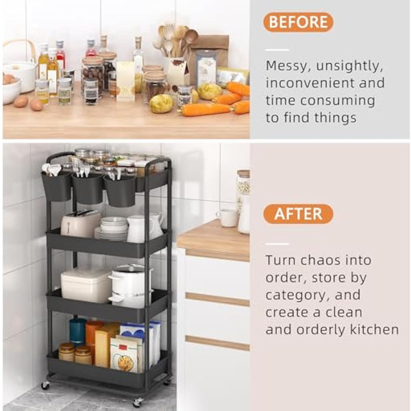 JIUYOTREE 4-Tier Plastic Rolling Storage Cart Utility Cart with Extra Hanging Cups Handles Lockable Wheels for Living Room Bathroom Kitchen Office Black