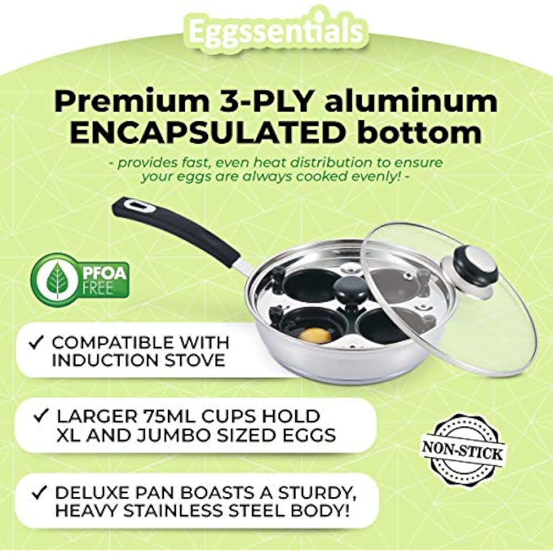 Eggssentials Poached Egg Maker - Nonstick 4 Egg Poaching Cups - Stainless Steel Egg Poacher Pan FDA Certified Food Grade Safe PFOA Free with Bonus Spatula