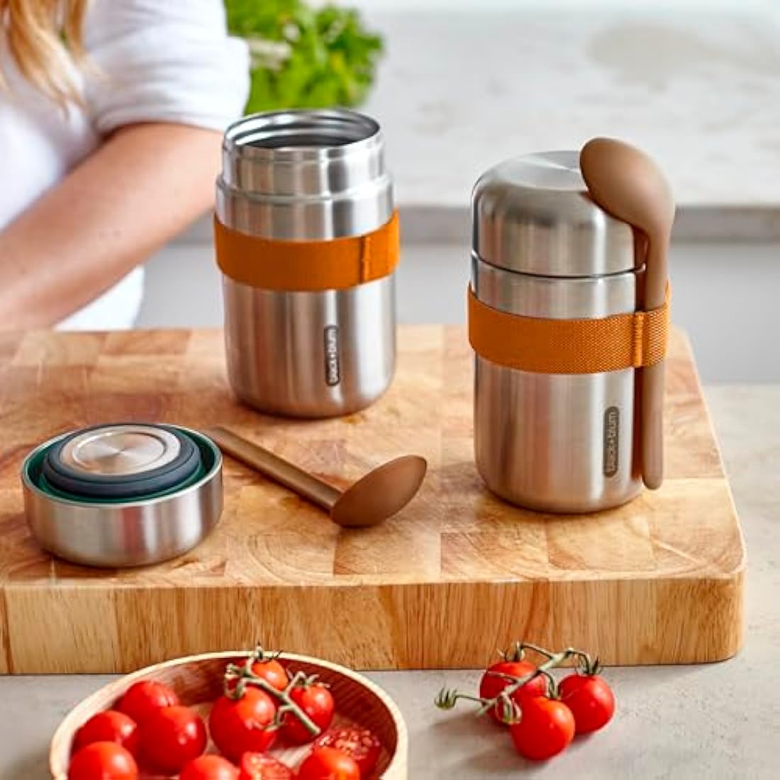 BLACK + BLUM - Food Flask - Vacuum Insulated 304 Stainless Steel Food Container with Leak Proof Lid, Nylon Strap and Natural Wood Fibre Spoon - Keeps Hot for 6 hrs, Cold for 8 hrs, Orange - 400ml