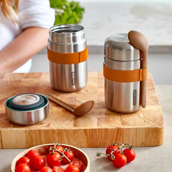 BLACK + BLUM - Food Flask - Vacuum Insulated 304 Stainless Steel Food Container with Leak Proof Lid, Nylon Strap and Natural Wood Fibre Spoon - Keeps Hot for 6 hrs, Cold for 8 hrs, Orange - 400ml