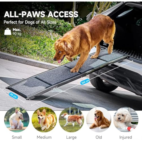 CO-Z Dog Ramp for Car, 160 cm Folding Pet Ramp for Large Dogs up to 90 kg with Non-Slip Rug Surface, Portable Dog Pet Stairs for Car SUV Truck Bed Sofa, Indoor and Outdoor Use
