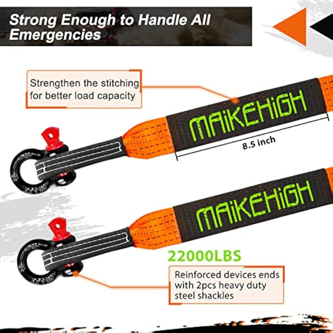 MAIKEHIGH Tow Rope 5M x 5cm,10 Ton (22,000 Lbs) Off-Road Recovery Tow Strap with 2 Anti-Proof Gloves, 2 Reinforced Shackles