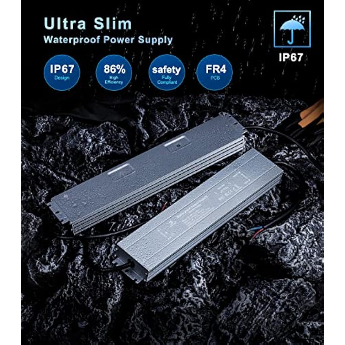 DUSKTEC Slim LED Transformer 12V 200W, IP67 Driver 16.67A Power Supply, AC 240V to 12V DC Waterproof Constant Voltage Adapter for Outdoor LED Bulbs Strip Lights