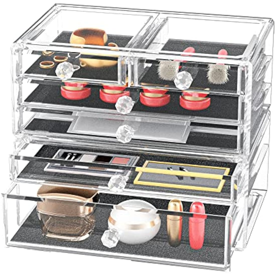 iPEGTOP Acrylic Makeup Organizer Cosmetics Storage Case, Large 6 Drawers Stackable 2 Pieces Clear Makeup Organiser Jewelry Lipstick Holder Display Box for Vanity, Bathroom Counter
