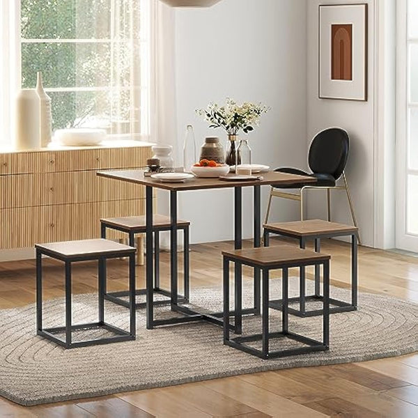 HOMCOM 5 Piece Dining Table and Chairs Set 4, Industrial Space Saving Table and Chairs with Metal Frame, Square Kitchen Table and Stools for Dining Room, Brown