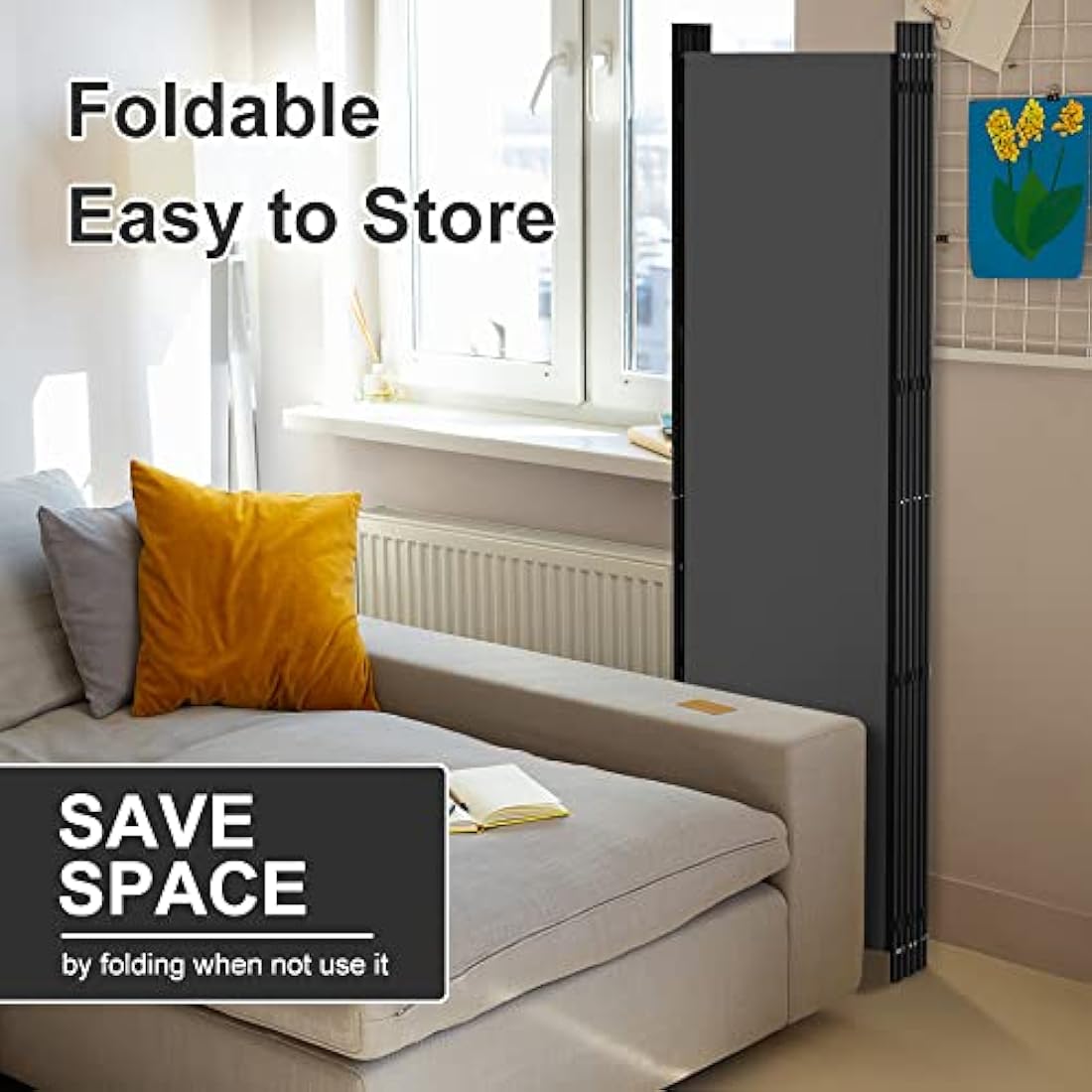 Kokorona 6 Panel Room Divider, 6FT Tall Folding Privacy Screen Wall Dividers, Portable Privacy Screen Freestanding Room Divider for Room Separation, Included-Cover Strips, Dark Grey, W 305 x H 183 cm